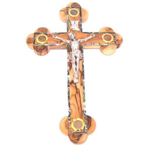 Holy Land Market 14 Stations Crucifix - Olive with Mother of Pearls and Holy Land Samples (35 cm - 13 inches)