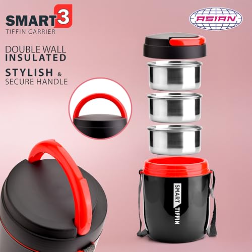 Image of Asian Plastowares - Tiffin Carrier 3 | Insulated Lunch Box | Compact | 3 Containers | Lunch Box for Adult | Leak-Proof | Ideal for Office or School | Black