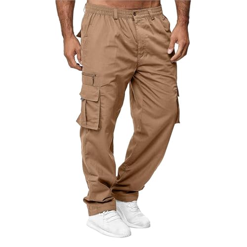 Hawyet Mens Casual Cargo Pants Solid Color Elastic Waist Multi Pockets Loose Fit Straight Leg Outdoor Work Pants2
