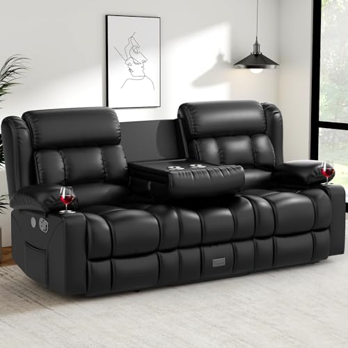 Dresegmt Loveseat Recliner Sofa, Flip Middle Backrest Design PU Leather 3 Seat Reclining Sofa with Storage Drawer, Manual Couch for Living Room/RV (Black, PU)