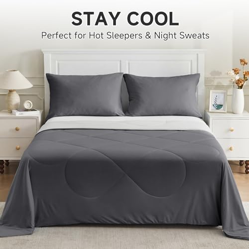Image of HOMFINE Cooling Comforter Japanese Double-Sided Cold Tech Fabric Cooling Blanket for Night Sweats Hot Sleepers, Q-Max 0.45 Soft Breathable Silky Smooth Lightweight Grey Summer Comforter Queen