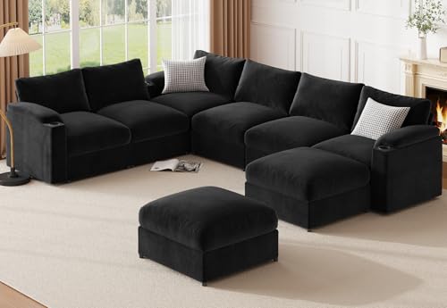 Modular Sectional Sofa Couch for Living Room Velvet Cloud Couches Oversized U Shaped Sectional Couch Convertible Sleeper Sofa Chaise Padded Armrests Cup Holder (Black, 8 Seats)