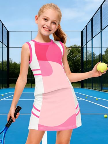 Image of AOBUTE Girls Tennis Golf Outfit Tank Top and Skirt with Shorts Set 4-12 Years