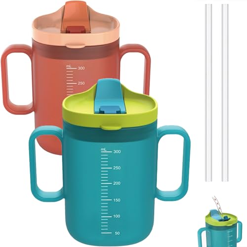 2 Pack Senior Water Cup Sippy Cups for Elderly, Safe Silicone Spill Proof Cups with 2 Handles Straw and Lid for Adults for Hospital Patients, Elderly, Pregnant, and Disabled (Blue+Orange -2 Pack)