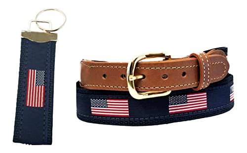 American Flag Belt on Navy Webbing, Leather Tips, with American Flag Key Chain
