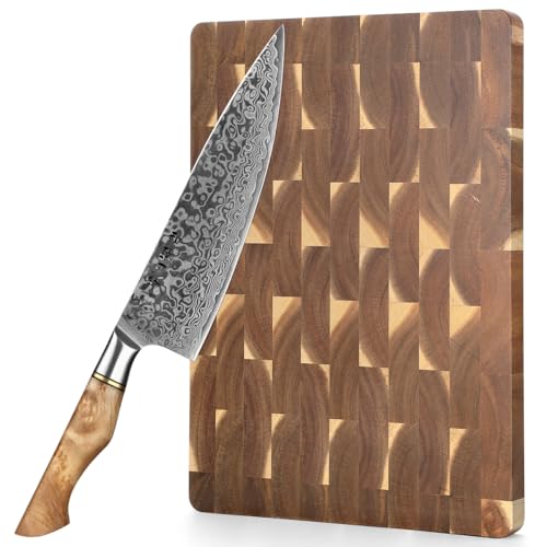 HEZHEN Cuchillo de Chef profesional de acero de Damasco con Tabla de Cortar de Madera de Acacia