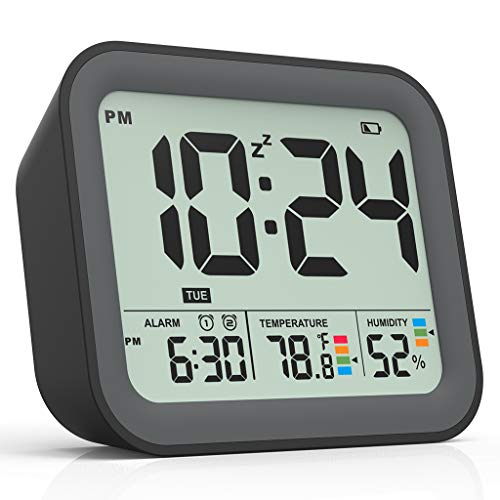 Battery Operated Digital Alarm Clock, Dual Smart Alarm with Workdays/Weekends Setting, Loud Alarm, Snooze, Small Travel Clock with Indoor Thermometer/Hygrometer, Dimmable LED Backlight, Handheld Size