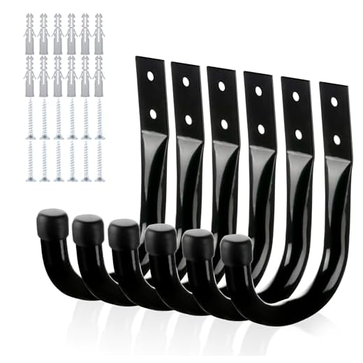 KURUI Heavy Duty Garage Hooks for Hanging, 6Pcs Large Garage Storage Hooks for Extension Cord Tool Cable, Black Wall Mount J Utility Hooks with Wall Anchors and Screws