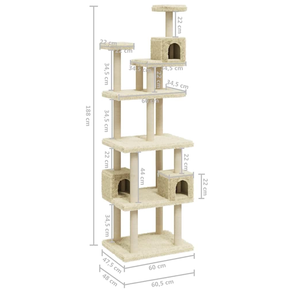 Kratzbaum groß mit 3 Katzenhöhlen, Kletterbaum für Katzen mit Sisal-Kratzsäulen und Plüsch-Aussichtsplattformen, stabiles Katzenmöbel Creme 188 cm hoch