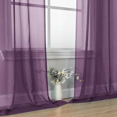 Image of OVZME Plum Sheer Curtains 63 Inches Long 2 Panels - Soft Light Filtering Window Sheer Panels for Living Room /Bedroom, Top Dual Rod Pocket, 1 Pair, Each 42Wx63L Inches