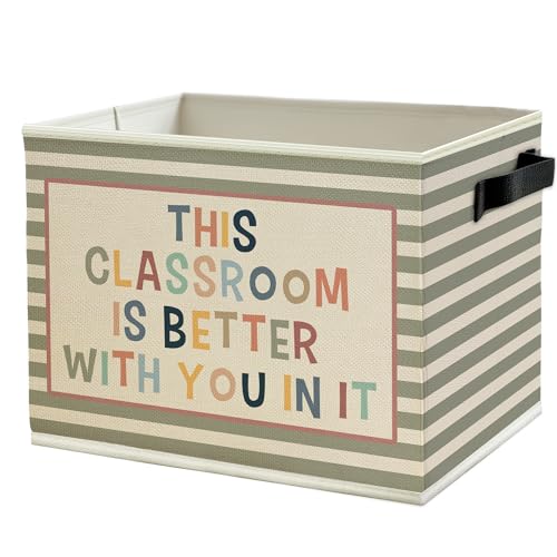 Image of Boho Classroom Storage Bins Box with Handles, This Classroom Is Better You in It Inspirational Striped Collapsible Basket Organizer for Kids Room Nursery Bedroom Books