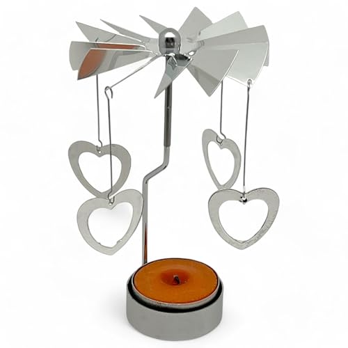 Portavelas de té giratorio, diseño de carrusel de Navidad de metal, candelabro giratorio mini pirámide de 13,5 cm (plata - corazón)