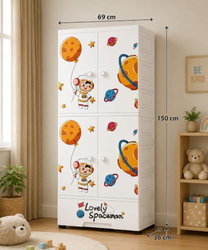Image of Kids Plastic Wardrobe for Clothes Storage | Baby Cupboard & Almirah with Hanging Rod & Shelves | Portable Collapsible Storage Cabinet for Bedroom | Cartoon Kids Wardrobe