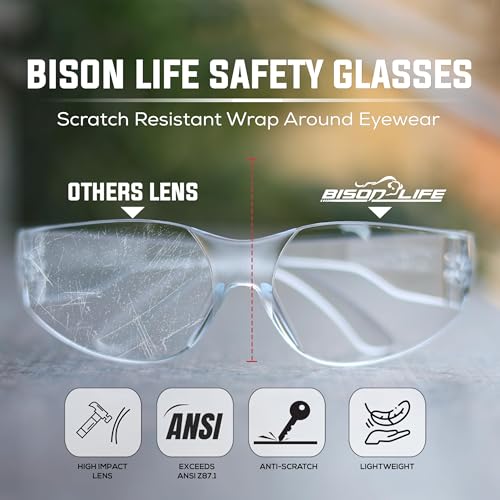 Image of BISON LIFE Clear Safety Glasses - ANSI Z87.1 Certified Scratch & Impact Resistant Eye Protection Goggles for Men & Women