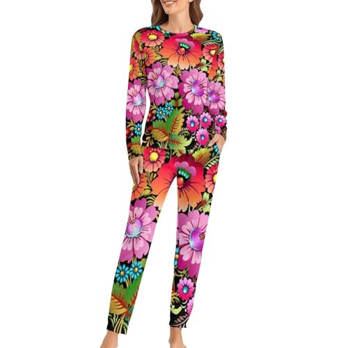 Pyjama femme t-shirt manches longues et pantalon floral pour soirées cocooning