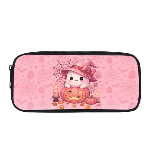 Image of Pencil Case, Pen Pouch Bag for Kids Students School Supplies | Pink Kawaii Ghost Print,polyester fabric,wear-resistant and easy to clean,zipper design gift for boys and girls