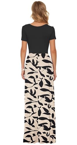 AUSELILY Damen Kurzarm Sommer Casual Long Maxi Kleider mit Taschen Schwarz Blätter M – Ansicht 5