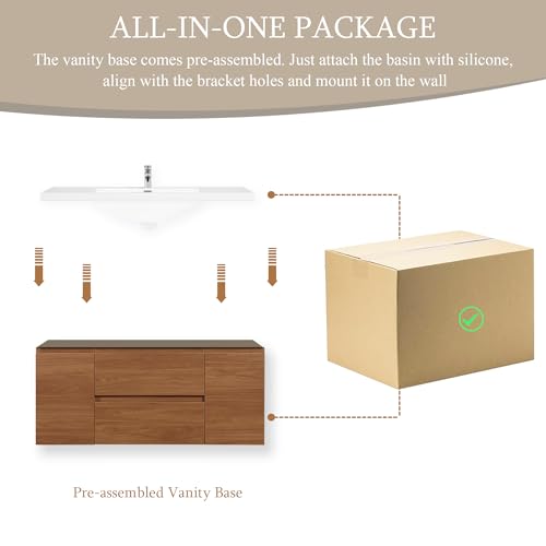 Image of KEIKI 48'' Wall-Mounted Bathroom Vanity with Sink - Floating Design, 2 Soft-Close Drawers & Doors & Resin Basin, Space-Saving for Bathrooms, Walnut