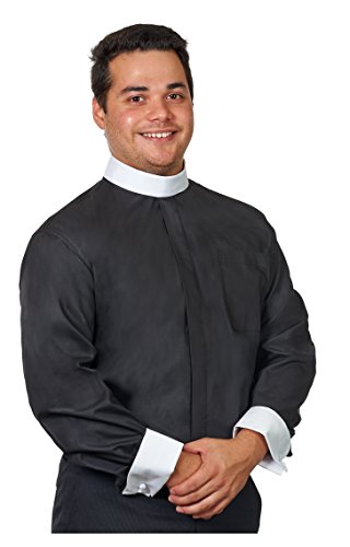 Men's Banded Full Collar Clergy Shirt Long Sleeves (Includes Collar) (17-17 1/2 (34-35), Black with White Cuffs)