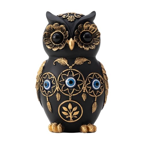 Estatua Búho Negro y Dorado de Resina de 4.8 in para Decoración