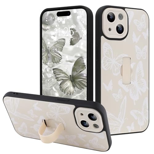 Image of for iPhone 15 Case with Finger Strap Holder, Cute Cool Butterfly Print Pattern Design for Women Men, Shockproof Anti Scratch Hand Kickstand Protective Cover, White