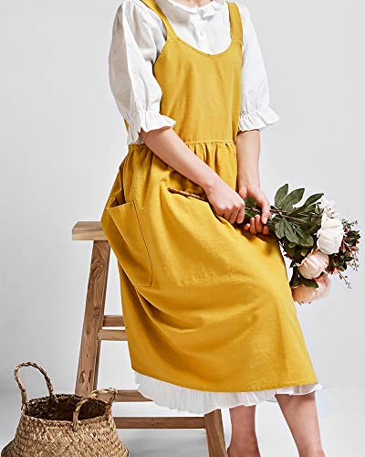 Small snail Delantal Japones Mujer Delantales Algodón Lino con 2 Bolsillos Grandes Estilo Color Sólido Impermeable… - Imagen 5