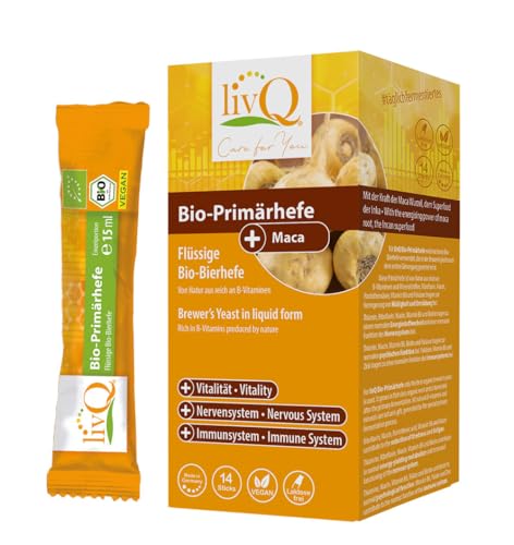 livQ Bio-Primärhefe Maca - Superfood Immun-Booster, flüssig, Bio Bierhefe aus Primärfermentation mit B-Vitaminen, Erfrischend, Vegan & laktosefrei, 210ml