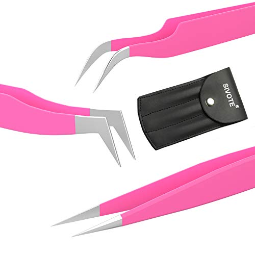 SIVOTE Lash Tweezers, Pack of 3 Stainless Steel Tweezers for Eyelash Extensions | Straight, Curved Tip and Volume | False Lash Application Tools Set- Pink