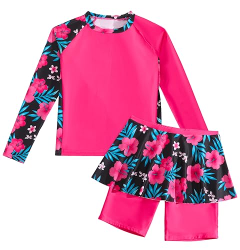 Image of Girls Rash Guard 2 Pieces Bathing Suit Long Sleeve Swimsuit Swimming Skirt with Shorts Sun Protection Swimwear