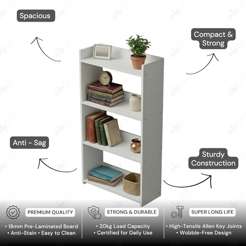 Image of DFC Element Auburn Book Shelf Wooden 4 Tier Shelf For Living Room, Home & Bedroom Decor & Daily Essentials|Engineered Wood Storage Shelf with Space Saving Organizer, Open Display Design (White finish)