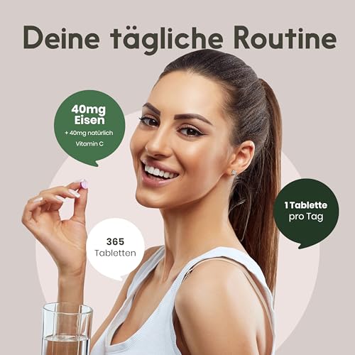 Eisentabletten hochdosiert mit Vitamin C- 365 Tabletten - Eisenbisglycinat/Eisen hochdosiert mit Vitamin C, Eisen Vitamine C vegan & produziert in Deutschland - Laborgeprüft