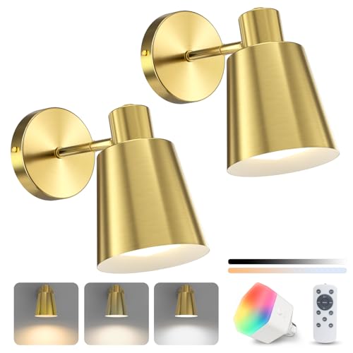 NIORSUN Juego de dos apliques de pared, luces de 10 colores que funcionan con pilas, luz de batería regulable con control remoto, bombillas recargables para lámparas, luces de pared inalámbricas para