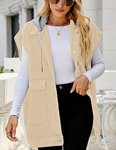 Image of PAODIKUAI Women's Oversized Denim Vest - Sleeveless Distressed Jean Vest with Pockets for Casual Layering