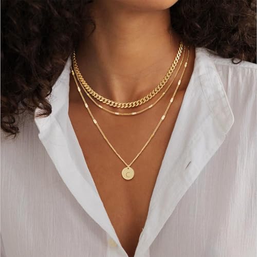 Initial Necklaces for Women Trendy, 14K Gold Plated Letter Necklace Stack Round Coin Disc Pendant Layered Choker Cuban Chain A-Z Gold Necklace Personalized Jewelry Gift Sets for Women2