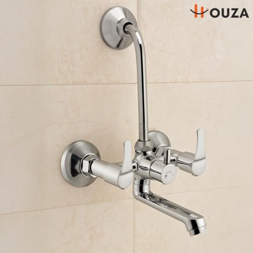 Image of HOUZA Brass Wall Mixer for Bathroom 2 in 1 with L-Bend Provision for Overhead Shower | Hot & Cold Water Wall Mixer Tap for Bathroom | Chrome Finish
