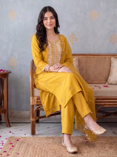 Image of INDO ERA Women's Silk Blend Straight Kurta with Pant & Dupatta Set