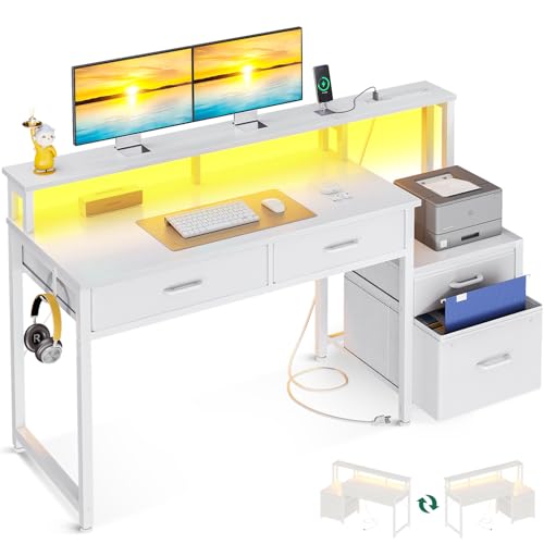 AODK Computer Desk with 4 Drawers, 48 Inch Reversible Desk with Led Lights & Power Outlet, Office Desk with File Drawer & Monitor Stand, Work Table for Home Office, White