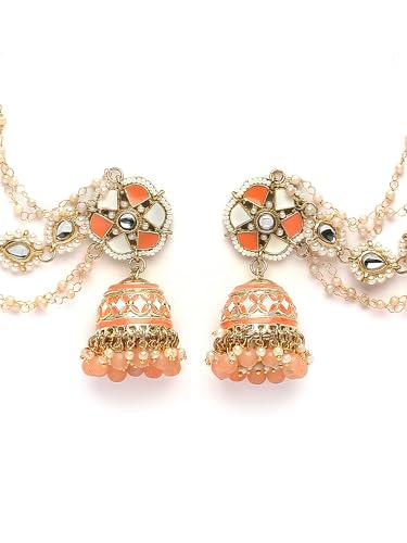 Image of Karatcart Gold Plated Pearl Chain Kundan Kaanchain Earrings for Women
