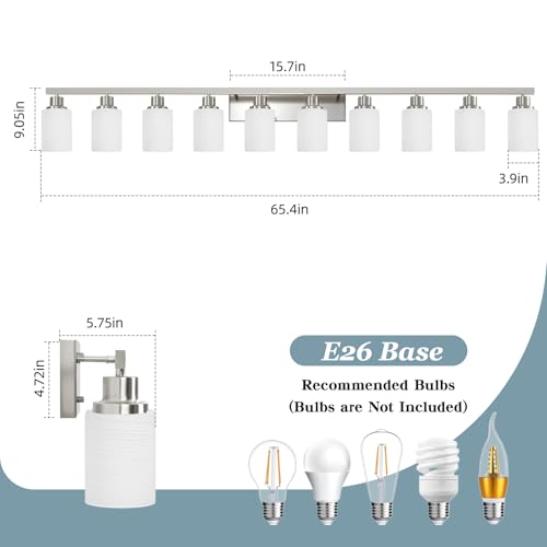 Image of 10-Light Bathroom Vanity Light Brushed Nickel 64.5in Vanity Lights | White Frosted Ribbed Glass Shade Modern Bathroom Wall Lights Fixtures over Mirror Wall Sconces Lighting E26 Base