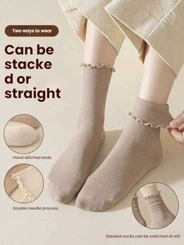 6 Pairs Women's Scalloped Cotton Socks Frilly and Ruffle Socks Breathable Soft Crew Socks3