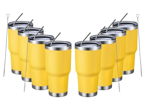 Image of MEWAY 30oz Insulated Tumbler With Lids and Straws,Stainless Steel Double Vacuum Coffee Tumbler Cup, Brush, Durable Powder Coated Coffee Cup for Cold & Hot Drinks, Office, Travel(Yellow,8 PACK)