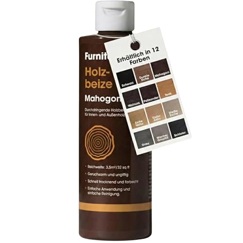 Furniture Clinic Holz-Beize und Moebel-Lasur (Mahagoni). Ungiftig. Hochkonzentrierte Holzbeize. Schnelltrocknend. Beize für alle Holzarten im Innen und Außenbereich 250 ml