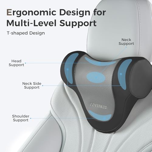 Image of Coverado Car Headrest Pillow, Ergonomic Memory Foam Car Neck Pillow for Driving Seat with Adjustable Strap, Soft PU Leather Breathable Removable Cover Neck Support for Neck Pain Relief