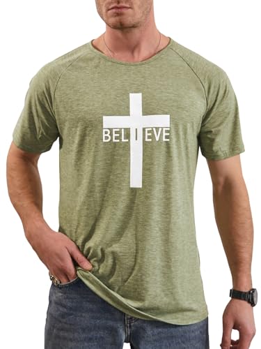 Men's Short Sleeve Crewneck Graphic Tee Believe Cross Print Christian Shirts Workout Shirts