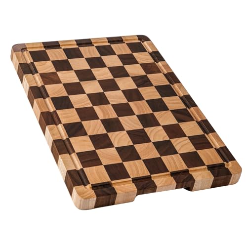THETCHRY Cutting Boards for Kitchen, Checkered Cutting Board Upgraded, Acacia Wood Chopping Board with Juice Grooves & Handles, Large Butcher Block Serving Tray with Gift Box, 16.5