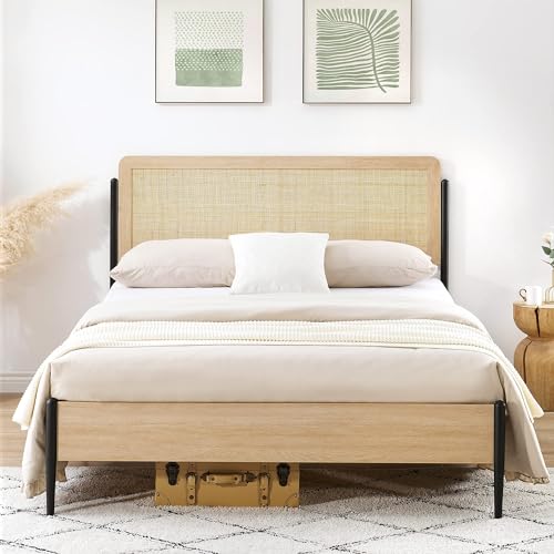 IDEALHOUSE Full Bed Frame,Metal Bed Frame with Curved Rattan Headboard