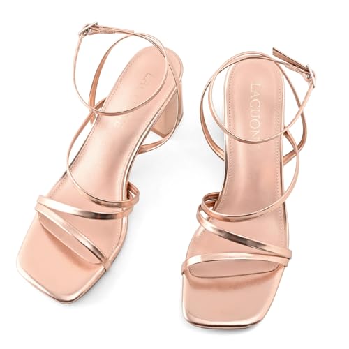 Image of LACUONE Strappy Heels for women Block Heels Square Toe Chunky Ankle Buckle Pump Heeled Sandals
