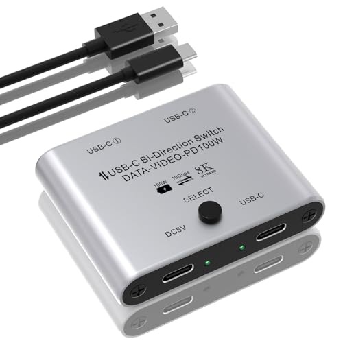 8K USB C Switch Bi-Directional USB C Switcher for 2 Computers - 8K@60Hz/4K@120Hz Video + 100W PD Charging + 10Gbps Data Transfer 1 in 2 Out / 2 in 1 Out USB C Splitter Switch with Power Cable