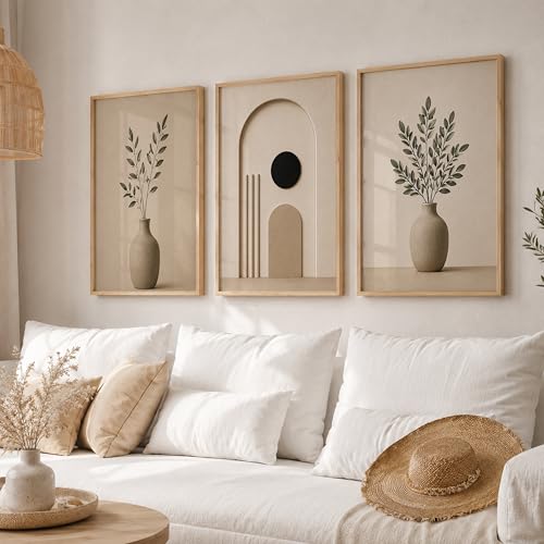 Image of TheMakerly Set of 3 Japandi Botanical Wall Art Paintings for Living Room | Minimalist Neutral Beige Wall Decor | Modern Scandinavian Wall Paintings for Bedroom, Office, Hall & Home Decoration (10x13 Inches)