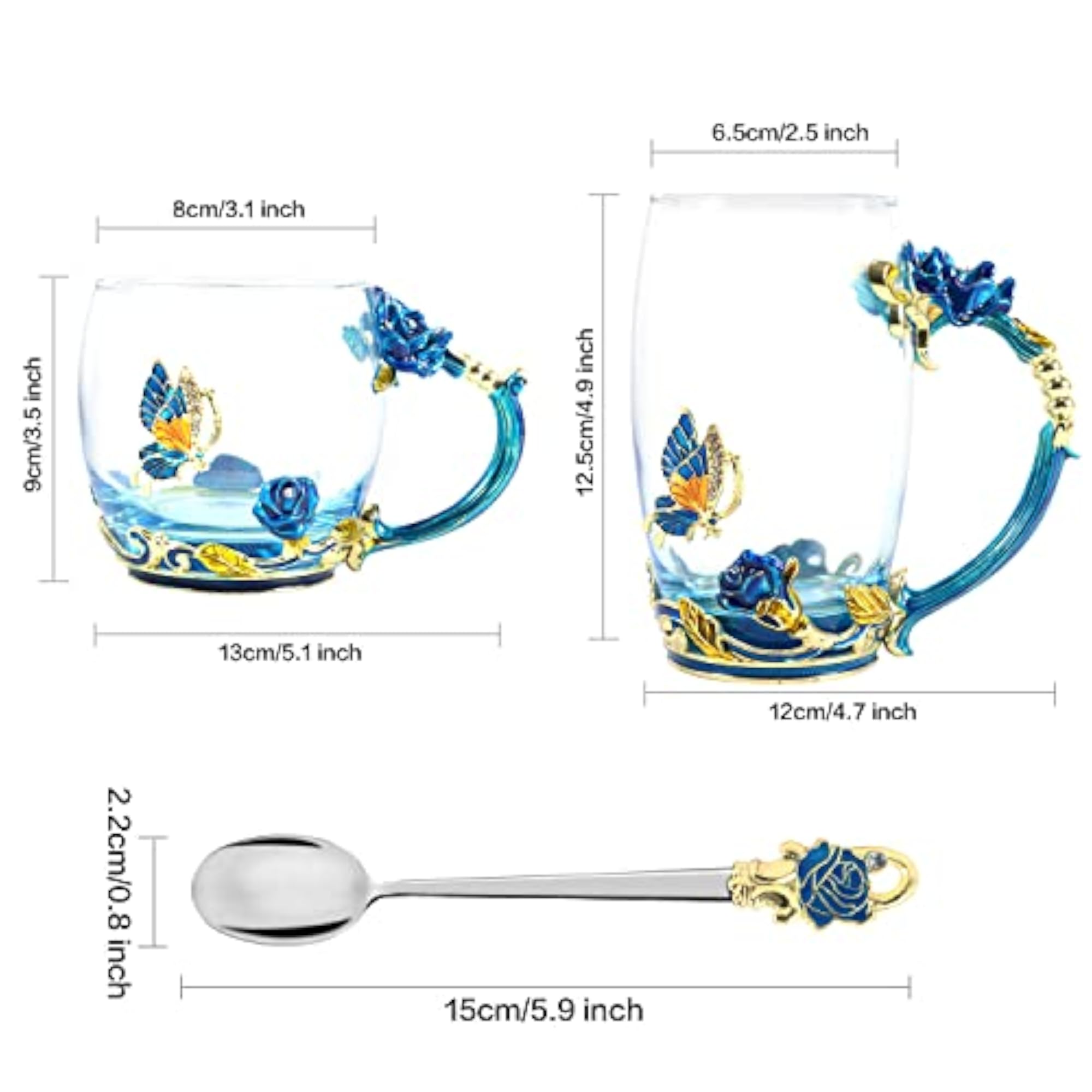 Coffee Cup Tea Mug with Spoon Set Handmade Enamel Butterfly Flower